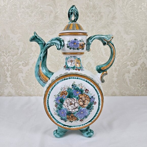 Vintage Hand Painted Footed Ceramic Water Pitcher Green White Floral Signed 1994 - Picture 1 of 16